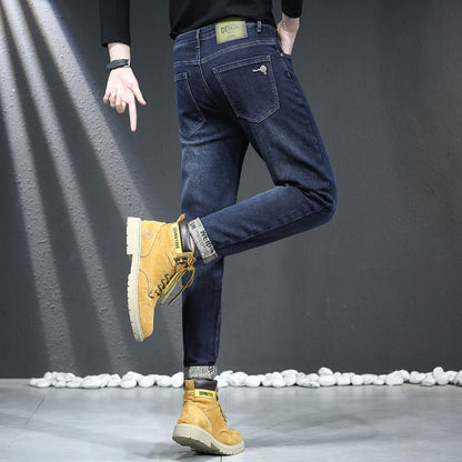 Counter quality men's long trousers high elastic slim fit full bottom printed small straight jeans cotton hot sale 