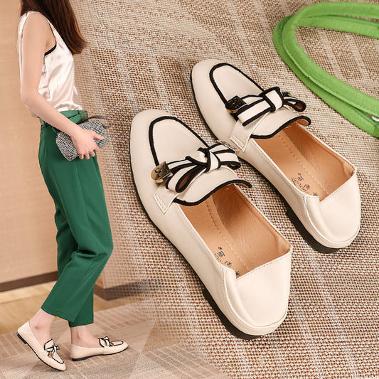 Spring style square toe flat heel spot viscose shoes Korean version sgs daily skin color low top solid color loafers 