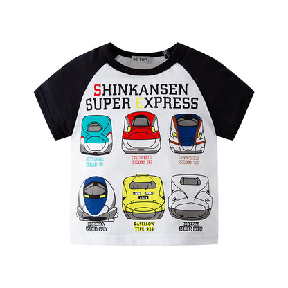 Korean style summer new children's short-sleeved T-shirt for boys and babies with contrasting colors and cartoon prints with raglan sleeves 