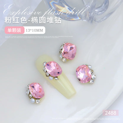 Internet celebrity popular nail art crystal pile diamond finished product super flash crooked heart rectangular handmade pearl nail decoration wholesale 