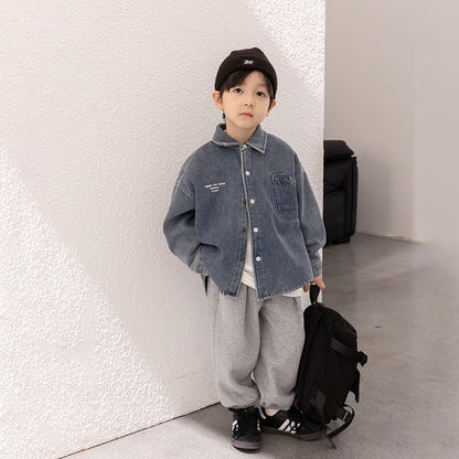 Amo Beibei 2023 Winter Children's Thickened Warm Shirt Boys and Girls Aoliang Velvet Handsome Letter Denim Jacket 