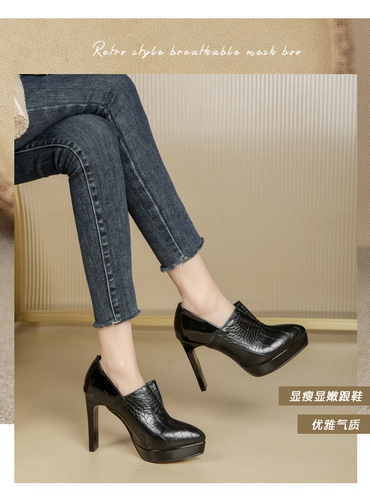 New color-block waterproof platform high-heeled shoes, high-quality leather super high-heeled shoes, star same style fashion shoes, one drop 