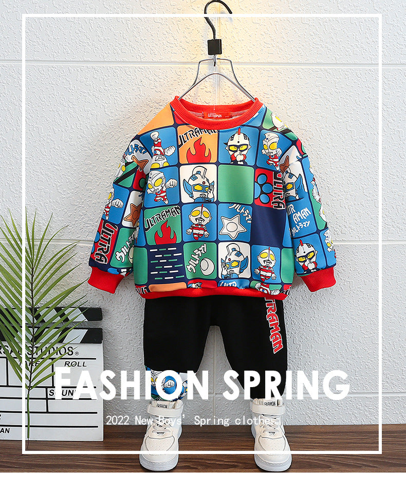 2023 new spring and autumn boys' long-sleeved T-shirts, stylish and handsome Ultraman sweatshirts, loose round neck and versatile tops, trendy 