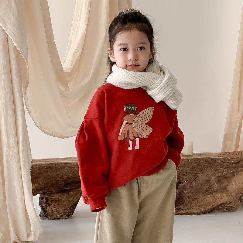 Korean children's clothing 2023 autumn and winter new styles for girls cute printed plus velvet sweatshirts children's mid-length winter coat 