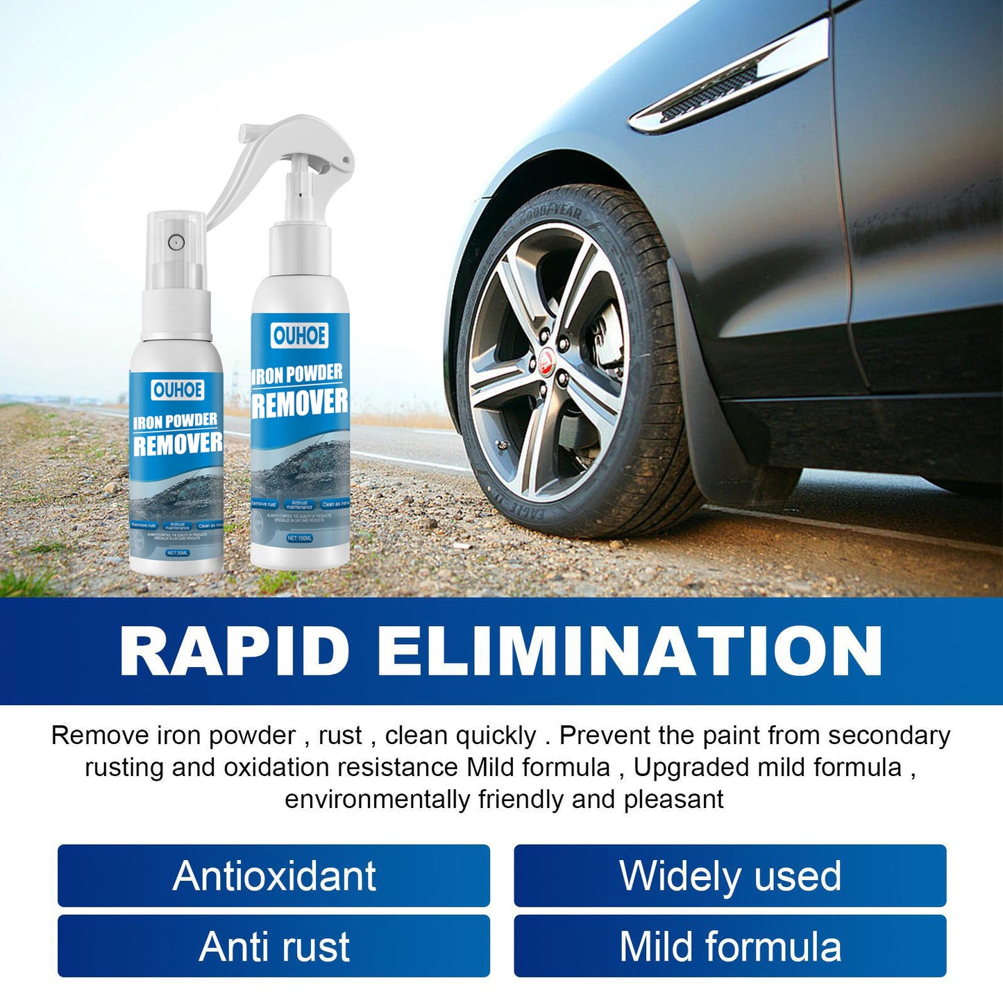 OUHOE Car Iron Powder Rust Removal Spray Anti-Rust Remover Decontamination Rust Remover Car Supplies သန့်ရှင်းရေးသုံးပစ္စည်းများ 