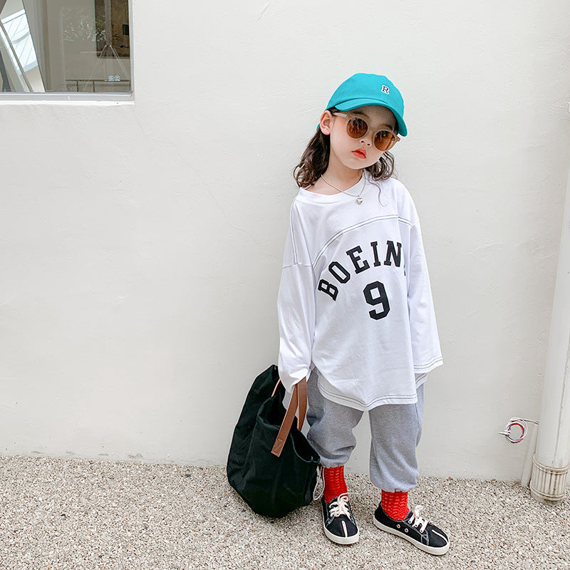 Korean children's clothing 2023 spring new children's pure cotton long-sleeved bottoming shirt girls fashion print loose T-shirt trend 