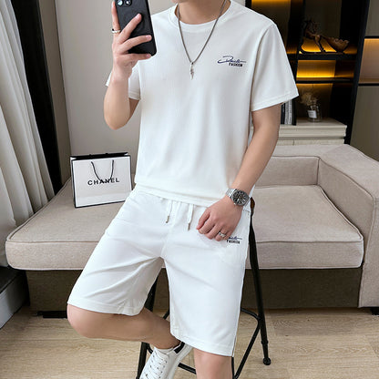 High-quality ice silk casual sports suit men's summer new round neck short-sleeved shorts fitness running two-piece suit