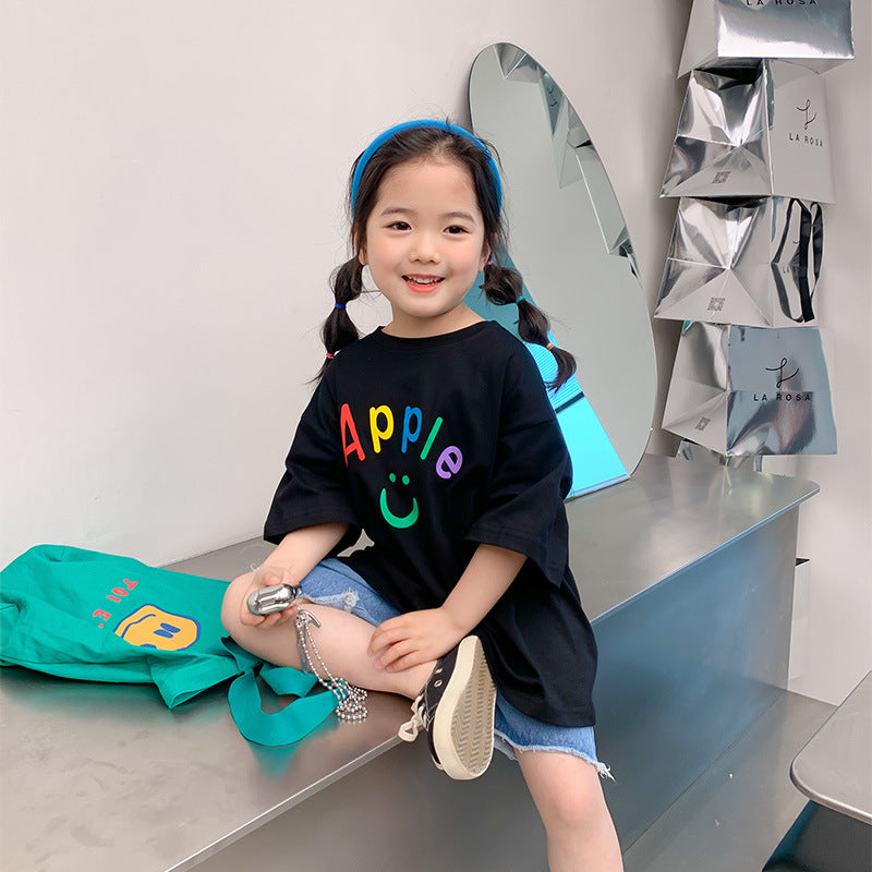 Korean children's clothing 2024 summer new small and medium-sized children's colorful smiley face letters loose short-sleeved T-shirt half-sleeved bottoming shirt 