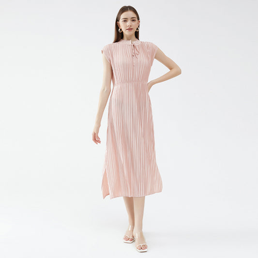 Summer stand collar dress 2024 new original design solid color splicing long loose comfortable forged silk high waist skirt 