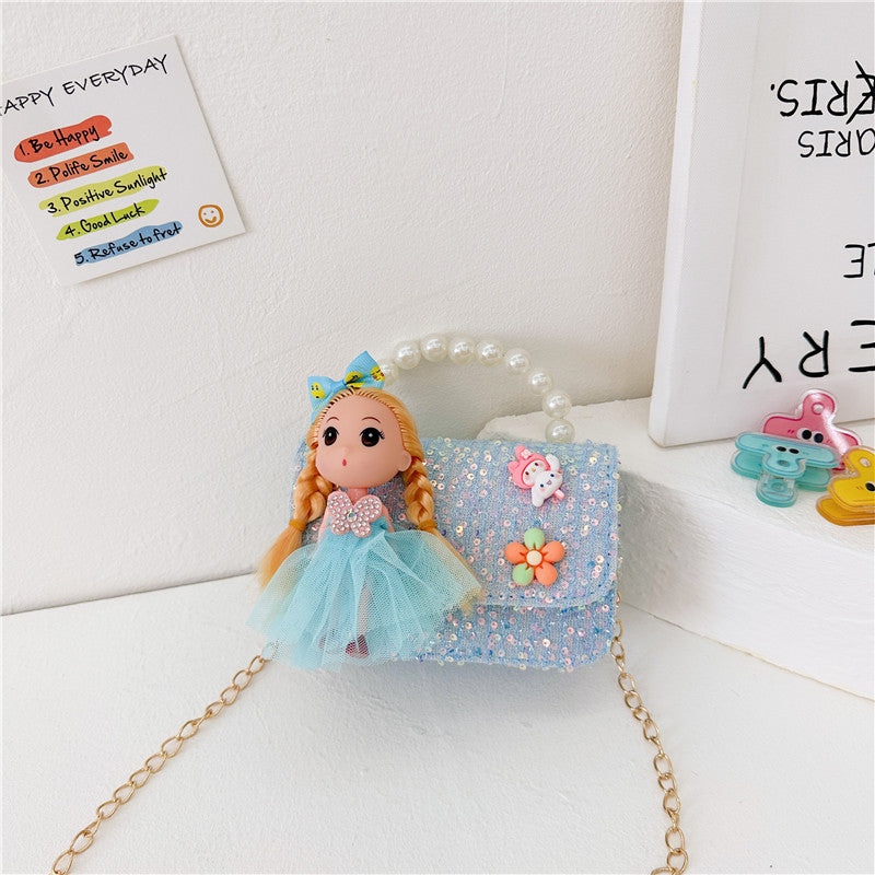 ကလေးအိတ်ဖက်ရှင်ပုလဲလက်ကိုင်အိတ်အသစ် Cartoon Doll Shoulder Bag Girls Chain Crossbody Bag လက်ကား 