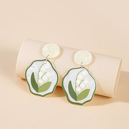 Silver Needle Creative Acrylic Earrings Interesting Contrasting Color Flowers and Leaves Oil Painting Geometric Irregular Stitching Earrings 