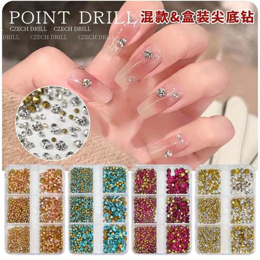 Internet celebrity new manicure pile diamond 6 grid boxed white pink pointed bottom diamond glass rhinestone nail jewelry wholesale 