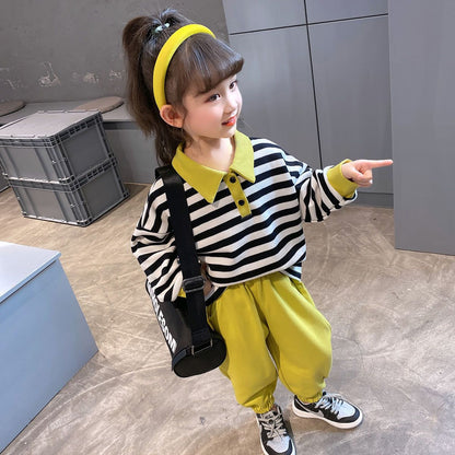 2023 spring and autumn new cotton fashion trend suit girls lapel striped long-sleeved two-piece set for small and medium-sized children 