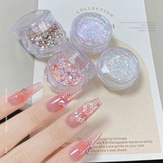 Nail art European foil laser glitter powder sequin material package explosive large sequins fantasy mixed color light and thin nail decorations 