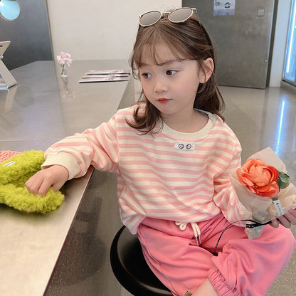 2023 Spring and Autumn New Girls Sweatshirts and Sweatpants Korean Style Striped Casual Suits for Children and Medium-sized Children Western Style Two-piece Children's Clothes 