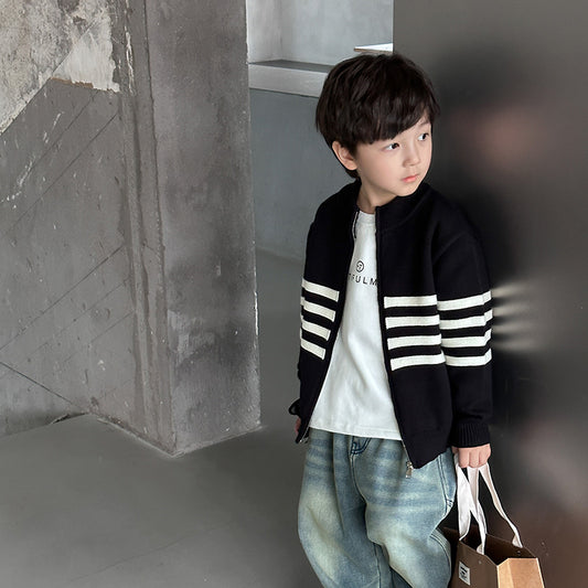 Amo Beibei 2023 Winter Children's Fashion Sweater Boys and Girls Baby Handsome Contrast Striped Knitted Cardigan Trend 