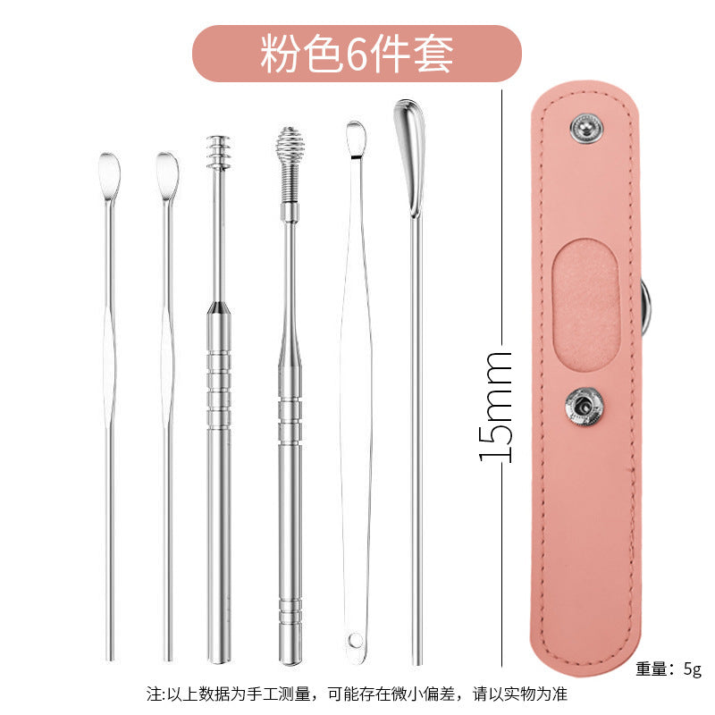 ထုတ်လုပ်သူ stainless steel ear scoop 6-piece set portable ear scoop ear set အိမ်သုံး spiral ear scoop ear pick tool 