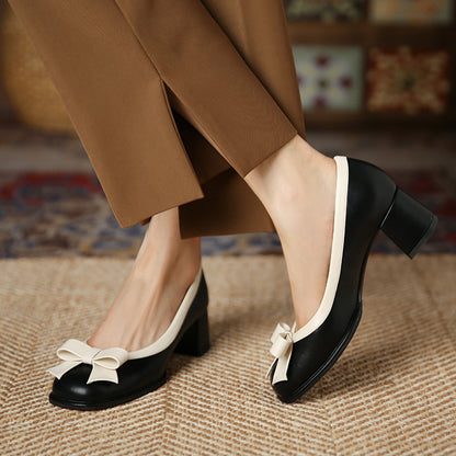 JH628-9 Contrasting Colour Round Toe Bowknot Medium Heel Women's Shoes French Slip-on Shoes အမျိုးသမီးများ နွေရာသီ ပါးစပ်ထူထူ ဖနောင့်ဖိနပ်