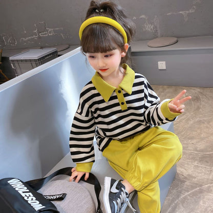 2023 spring and autumn new cotton fashion trend suit girls lapel striped long-sleeved two-piece set for small and medium-sized children 