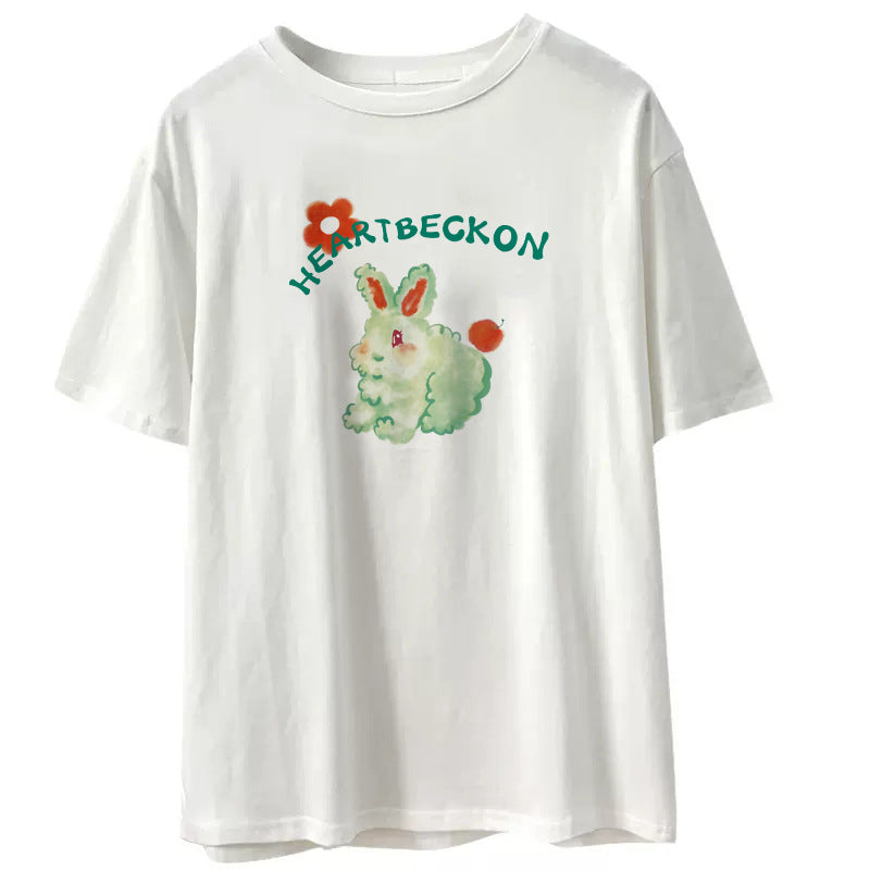 2023 Year of the Rabbit limited star with the same fun rabbit print white round neck short-sleeved loose T-shirt female early spring 