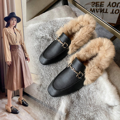 Fur shoes women's 2023 autumn and winter rabbit fur cotton shoes plus velvet small leather shoes flat bottom British slip-on trendy peas shoes 