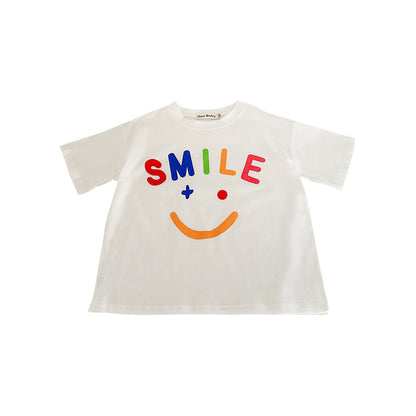 Korean children's clothing 2024 spring and summer new children's short-sleeved boys and girls pure cotton cartoon smiley face T-shirts stylish bottoming shirts 