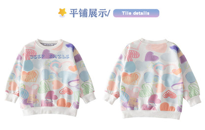 2023 Spring and Autumn New Children's Graffiti Girls Loose Breathable Sweater Versatile Long Sleeve Cute Full Print Pullover Top 