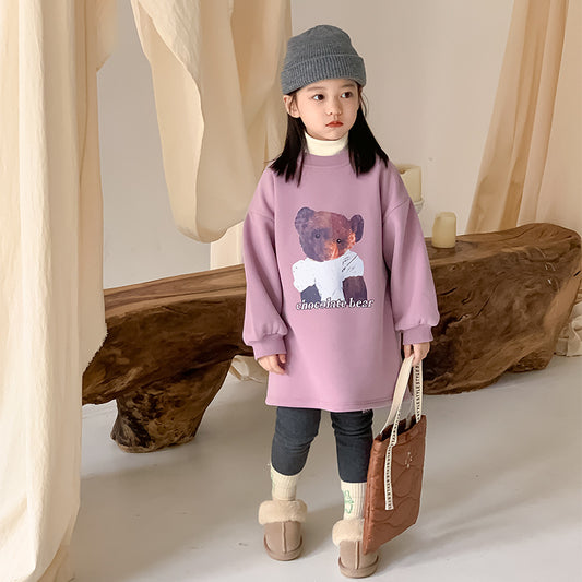 Korean children's clothing 2023 winter new children's velvet thickened sweater dress girls purple bear mid-length sweater 