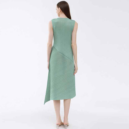 2023 summer Miyake air sense loose pleated sleeveless dress women's mid-length simple splicing irregular skirt 