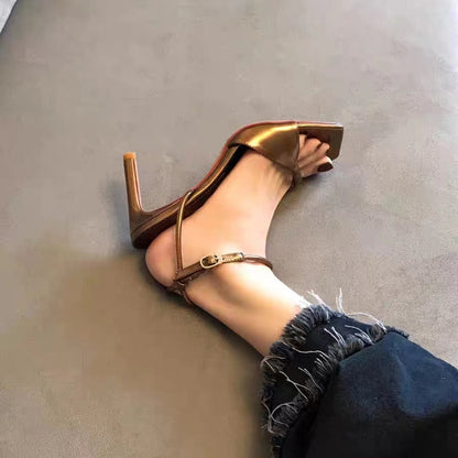 ladies heels high-heeled sandals women's summer one word with French square toe golden stiletto large size simple all-match 