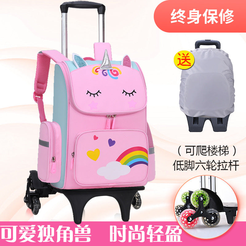 Primary school students trolley space school bag 1-3-6 years boys and girls unicorn detachable six-wheeled climbing bag with wheels 