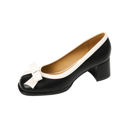 JH628-9 Contrasting Colour Round Toe Bowknot Medium Heel Women's Shoes French Slip-on Shoes အမျိုးသမီးများ နွေရာသီ ပါးစပ်ထူထူ ဖနောင့်ဖိနပ်