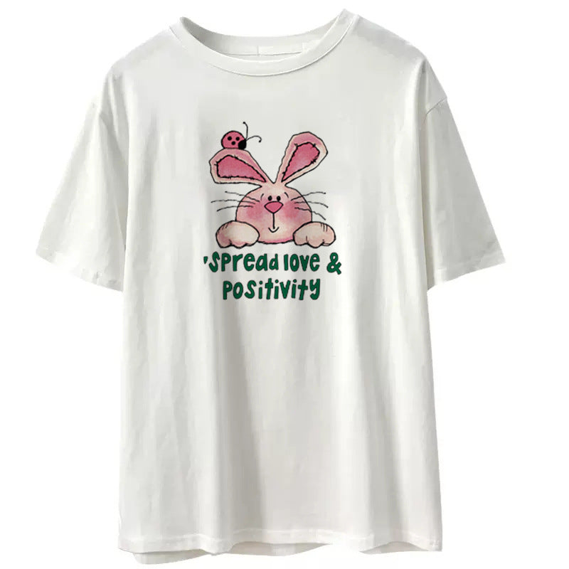 Short-sleeved t-shirt women's summer 2023 new round neck cartoon rabbit print Korean version loose casual top women's ins tide 