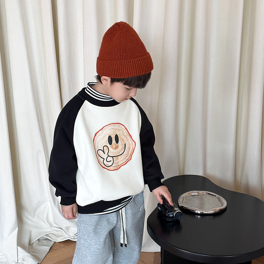 Amo Beibei children's winter plus velvet contrast color tops for boys and girls cute cartoon raglan shoulder fleece sweatshirt 