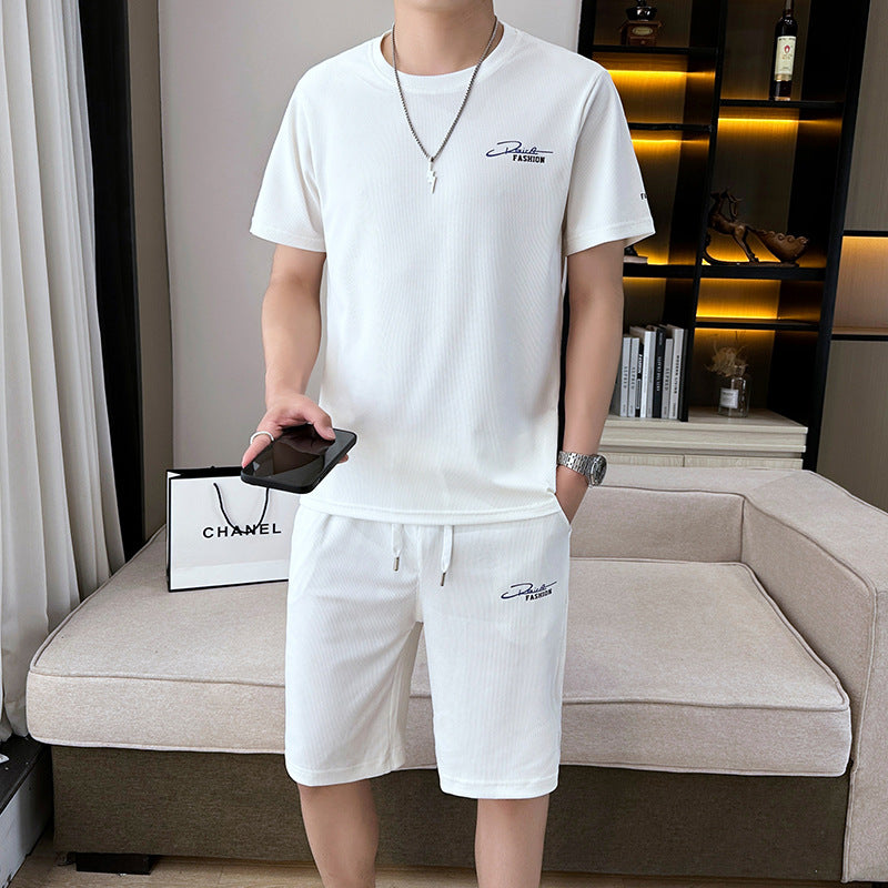 High-quality ice silk casual sports suit men's summer new round neck short-sleeved shorts fitness running two-piece suit