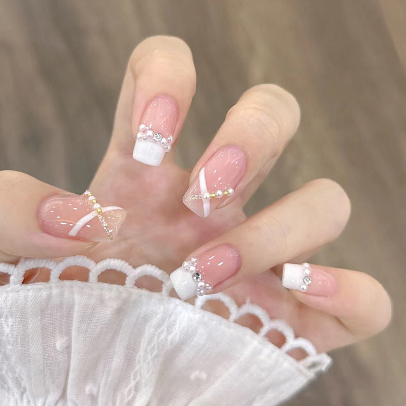 Xiaohongshu hot style wearable nails wholesale short style French blush manicure stickers finished nail stickers jelly glue 