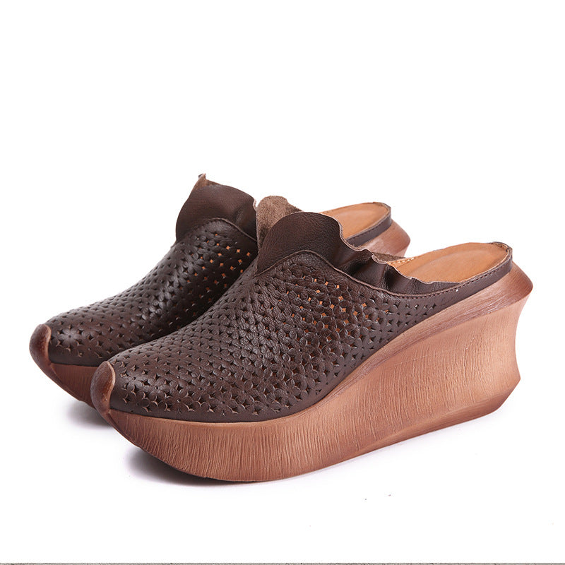 Manufacturers leather casual ethnic style sandals retro hollowed out muffin wedge slippers handmade women's shoes explosive wholesale 