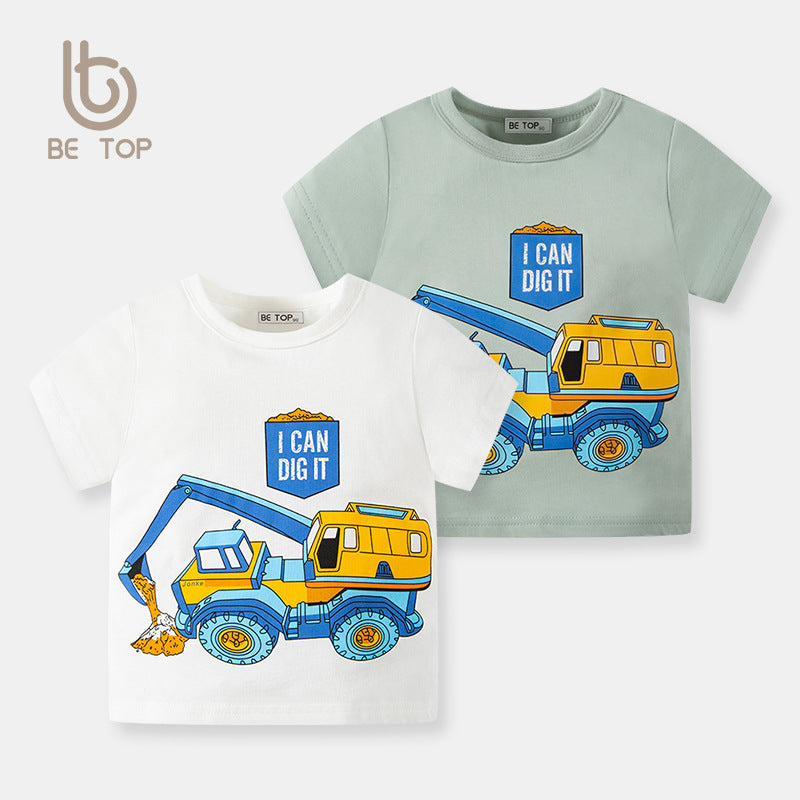 2024 Summer Children's Cartoon Car Short Sleeve T-shirt Excavator Printed Top Baby Clothes Children's Clothing Trendy Delivery 