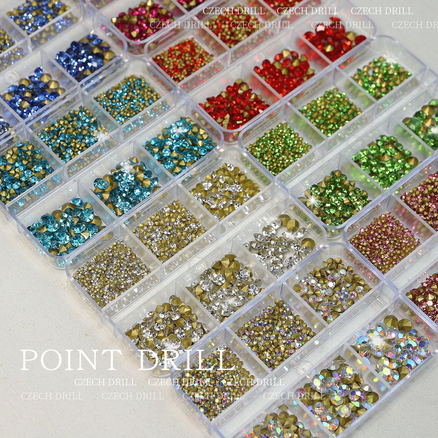 Internet celebrity new manicure pile diamond 6 grid boxed white pink pointed bottom diamond glass rhinestone nail jewelry wholesale 