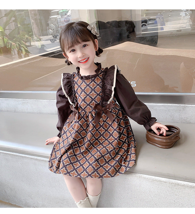 2023 Spring and Autumn New Girls' Dresses Retro Ruffles Medium and Large Children's Style Skirts Children's Clothes Bow Girls 