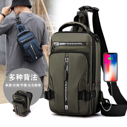 Fashion and simple new men's messenger bag multi-function USB charging chest bag multi-way backpack cross-border 