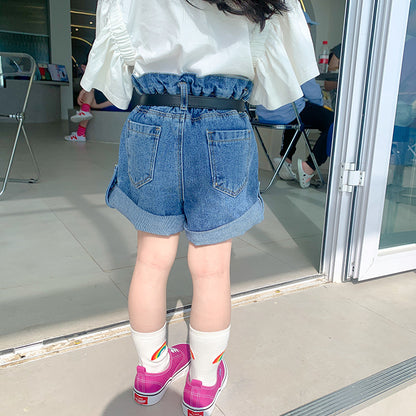 Korean children's clothing 2024 spring new children's shorts girls stylish curled jeans small and medium children's flower bud hot pants 