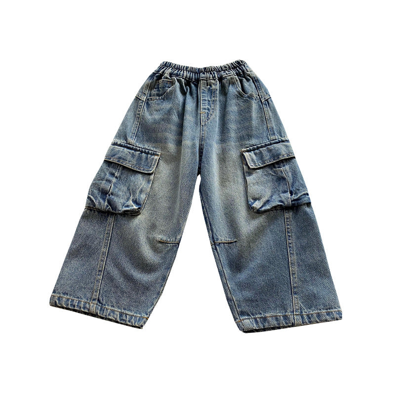 Children's pants boys' workwear jeans spring and autumn styles 2024 autumn and autumn loose and fashionable casual trousers for middle and large children 