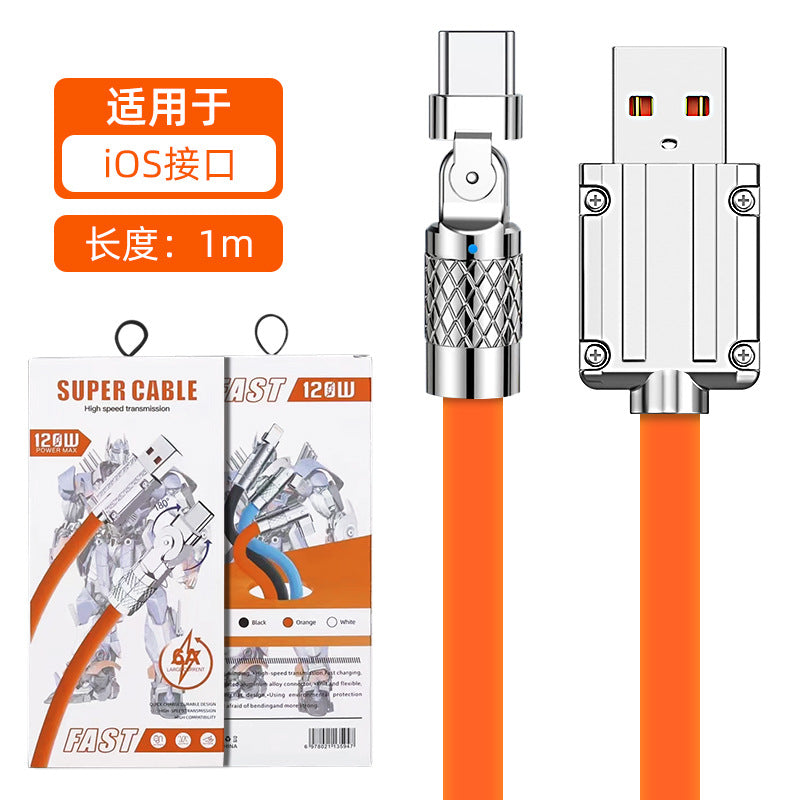 Baitong Super Flash Charge 120W Mecha Zinc Alloy သည် 180 ဒီဂရီ Antifreeze Silicone Bold Fast Charge Data Cable ကို လှည့်နိုင်သည်။