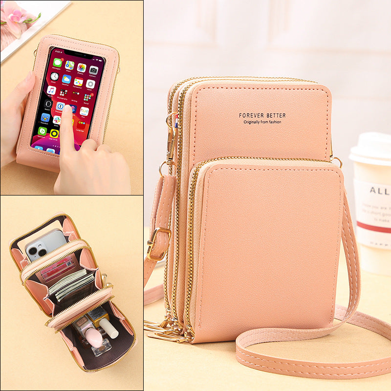 2022 new large-capacity multi-functional solid color fashion simple shoulder small bag touch screen Messenger mobile phone bag women's 