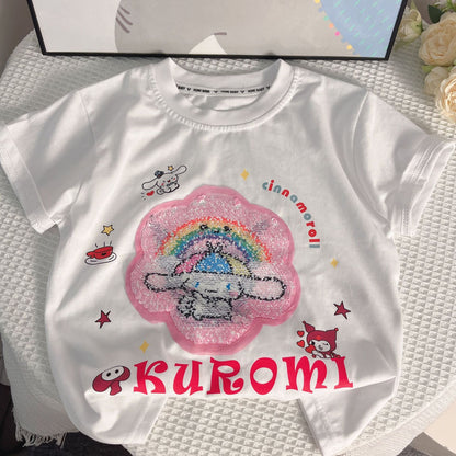 2023 Girls Summer Short-Sleeved Cute Cartoon Sequined Beaded Round Neck Fashionable Personalized Versatile Trendy Tops for Middle and Large Children 