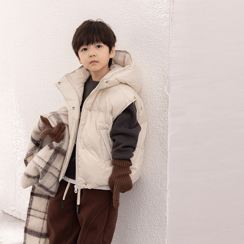 Children's new national standard down jacket Amo Beibei 2023 winter boys and girls 90 white duck down hooded vest loose coat 