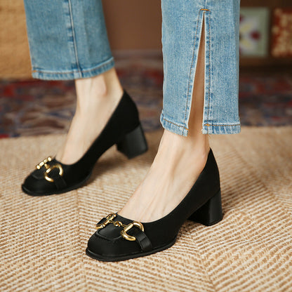 JH628-1 Saddle Mouth One Pedal Square Thick Heel Women's Shoes French Square Toe Shallow Mouth Single Shoes Fashion Middle Heel အလုပ်ဖိနပ်