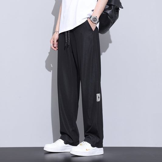 Ice silk straight trousers men's summer thin non-ironing men's trousers tide brand summer drape wide-leg sports casual trousers 