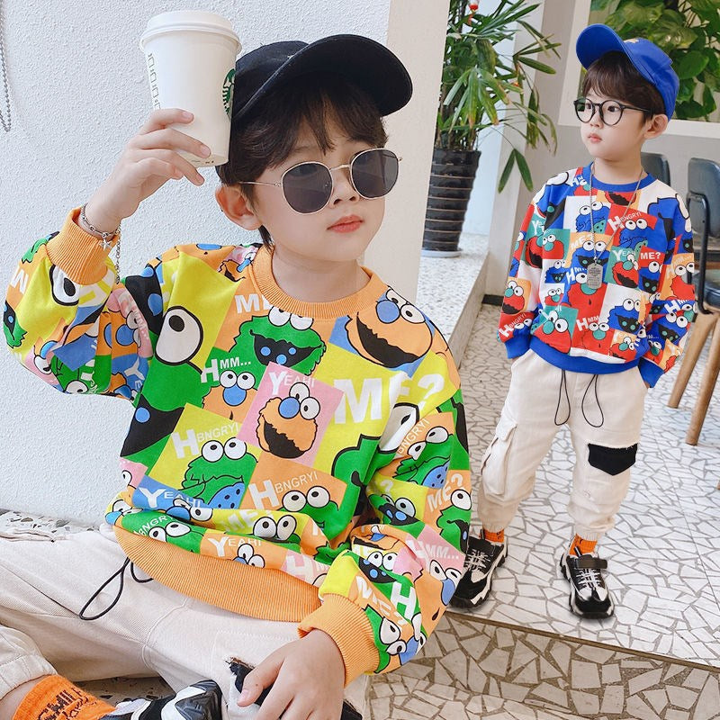 2023 Spring and Autumn New Boys Full Print Sesame Street Cute Loose Small and Medium-sized Boys Handsome Sweater Tops 